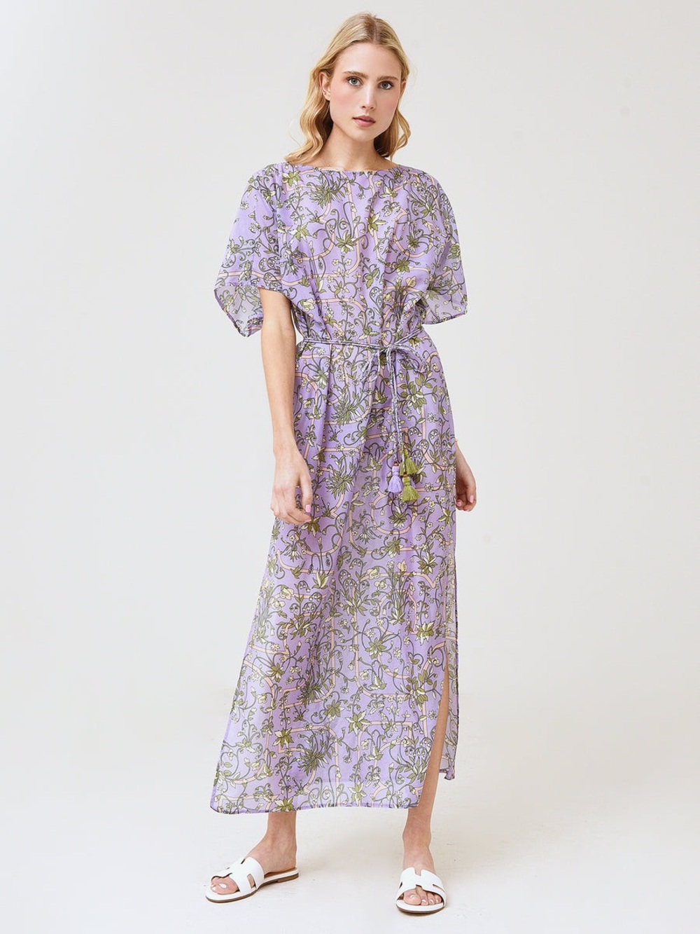 Tory Burch Fora Print Lilac Garden Long Maxi Kaftan Cotton Silk Dress XL
